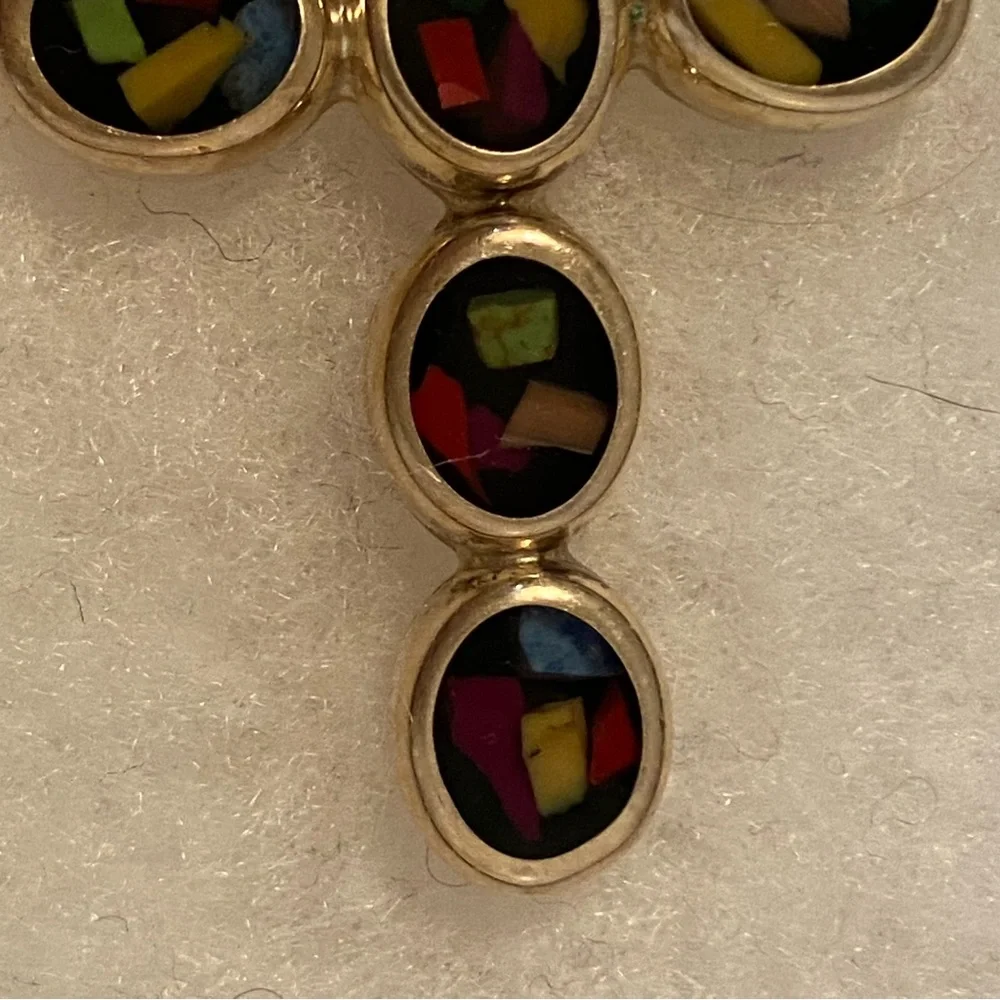 ATI 925 STERLING SILVER MULTI COLOR INLAY CROSS PENDANT BLACK 13.2g CHARM